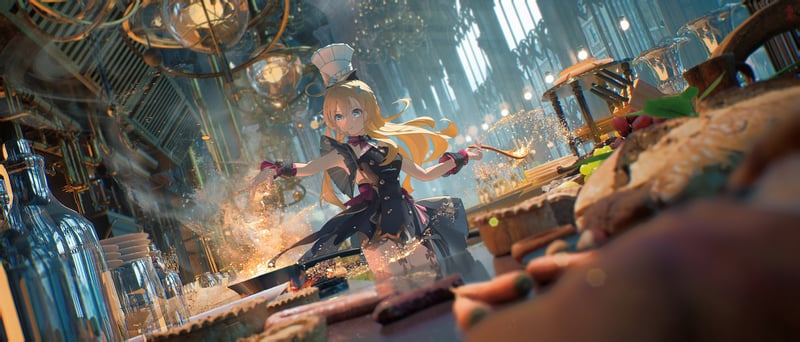 Genshin Impact Escoffier cooking in a grand kitchen