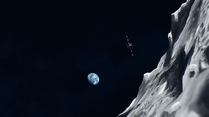 Space station orbiting Earth near the Moon