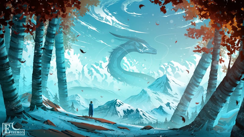 Creature in a snowy mountain landscape with a person