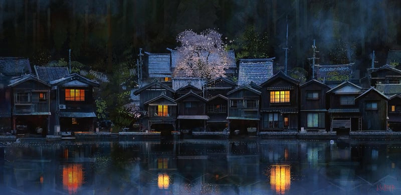Japanese village with cherry blossoms reflected in water