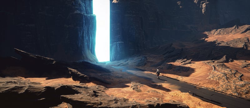 Astronaut walks towards a glowing portal in a rocky canyon