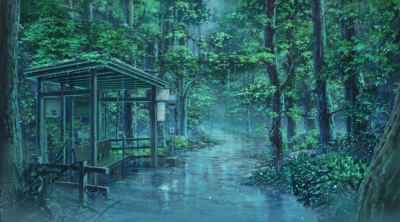 Rainy forest bus stop with a bench