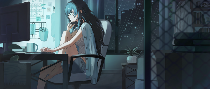 Original character with glasses sitting by window on rainy night