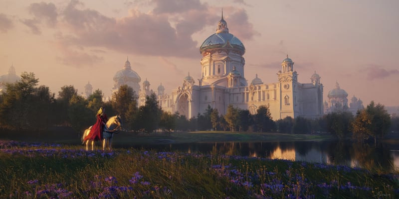 Fantasy Cityscape with Rider and Horse at Sunrise