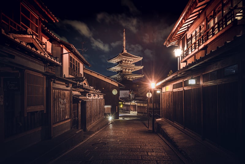 Night view of a Japanese temple street