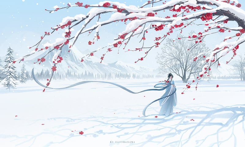 Scenery of a woman in Chinese clothing in a snowy landscape with red flowers