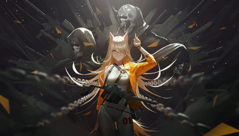 Anime fox girl with yellow jacket and chains