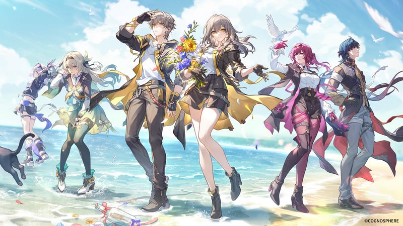 Honkai: Star Rail characters on a beach with a bouquet