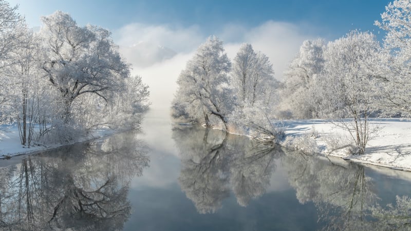 Winter river with frosted trees and mist
