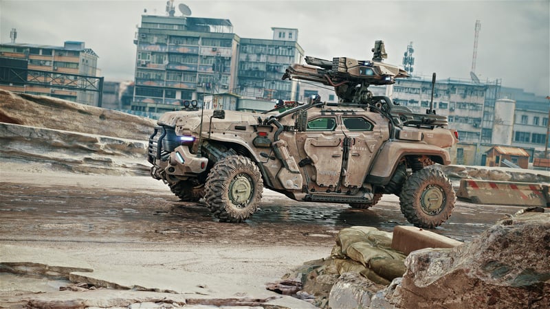Armored 4x4 vehicle with turret in urban setting