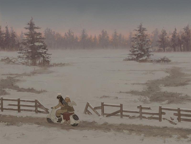 Rakka and Reki on a scooter in the snow