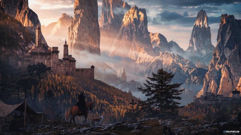 Fantasy castle on a mountain with a rider and wolf