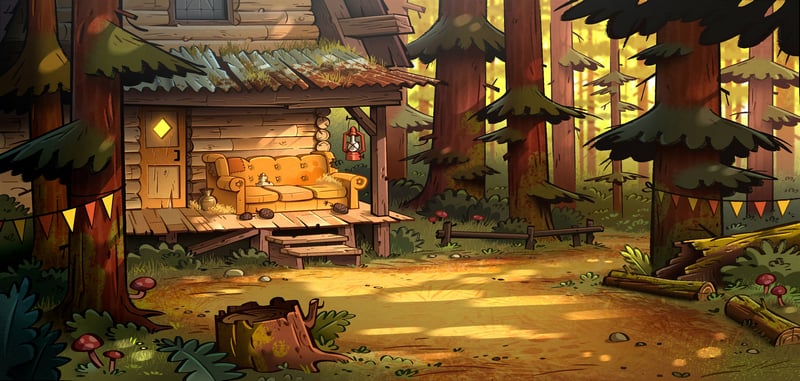 Gravity Falls cabin in a sunlit forest