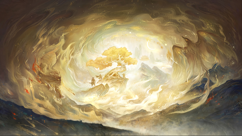 Golden Tree in a Swirling Cave with Two Figures