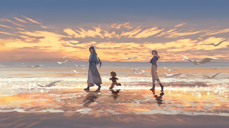 Scenery: Three figures walk on a beach at sunset