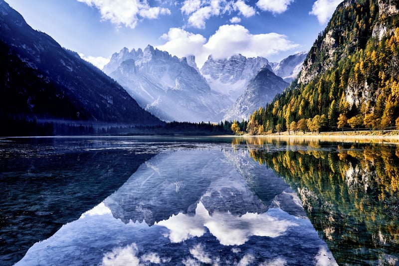 Mountain lake reflection with autumn trees