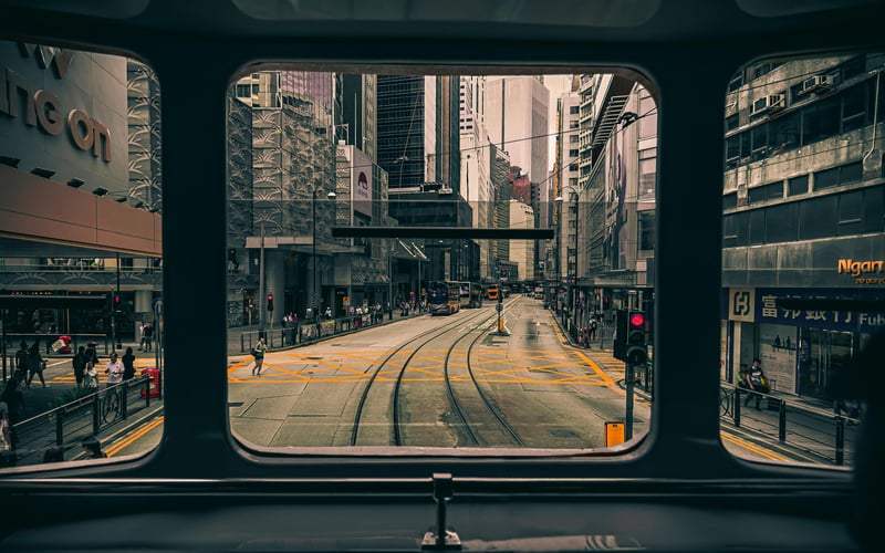 View from a tram through a Hong Kong street