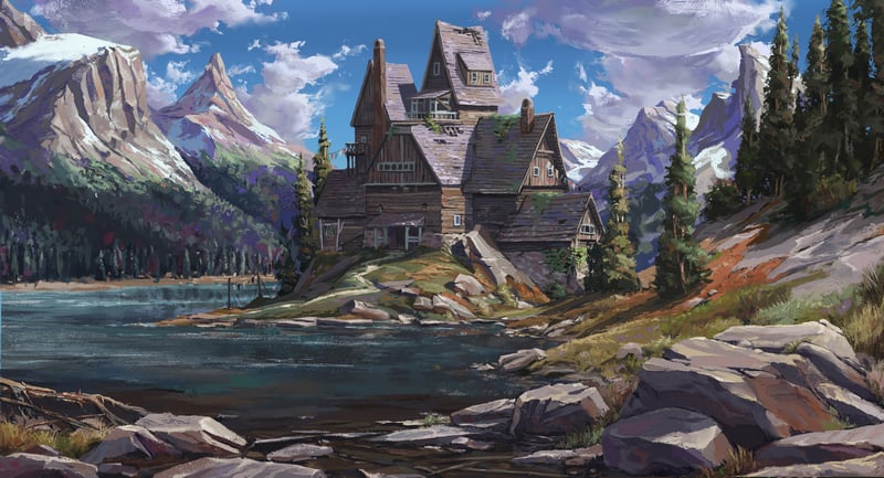 Scenery: A house by a lake with mountains
