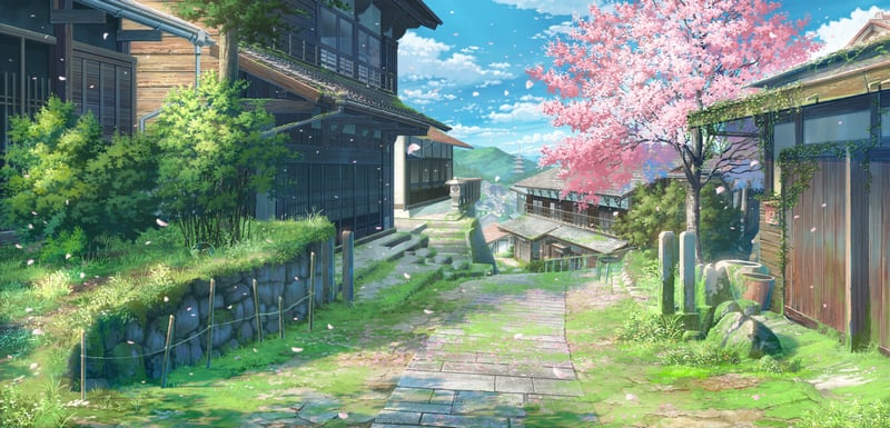 Japanese Village Street with Cherry Blossoms