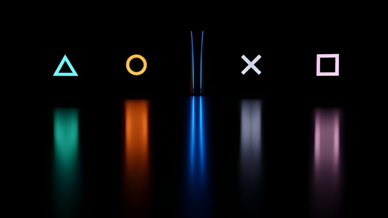 PlayStation symbols and console on dark background