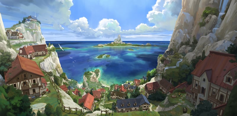 Scenery of a coastal village with islands in the sea