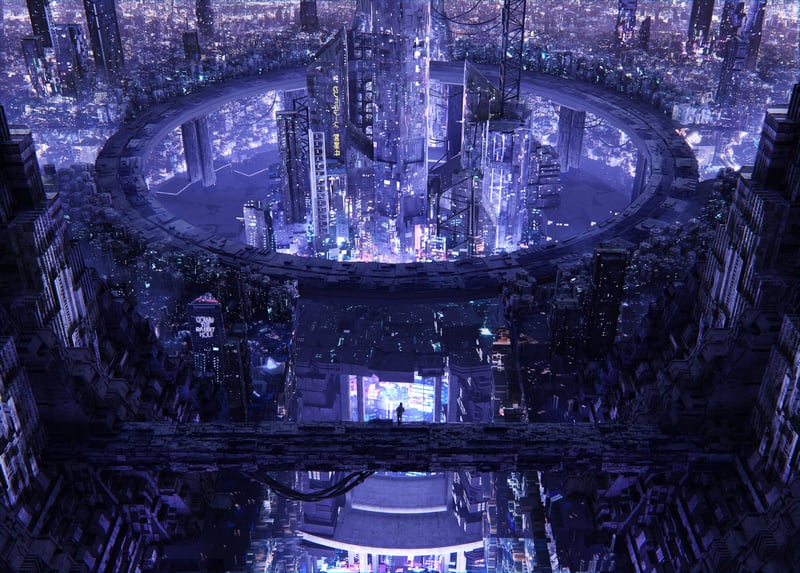 Futuristic city with a lone man overlooking the neon lights