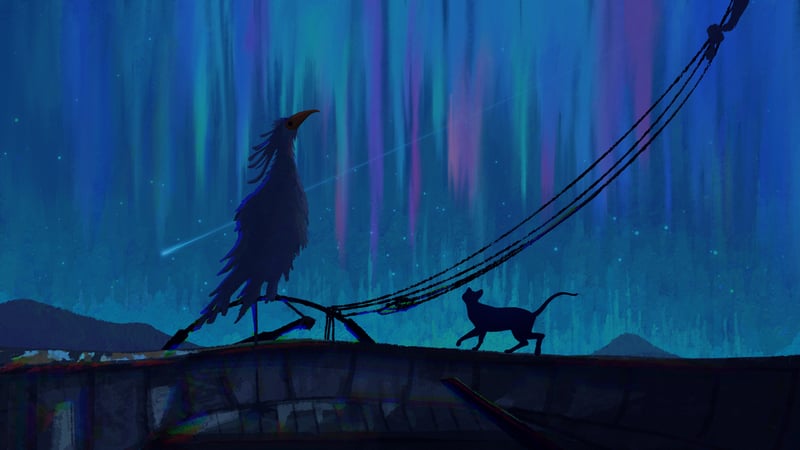 Flow (movie) bird and cat under aurora