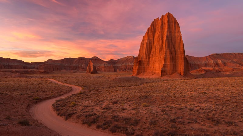 Sunrise over Capitol Reef National Park with rock formations