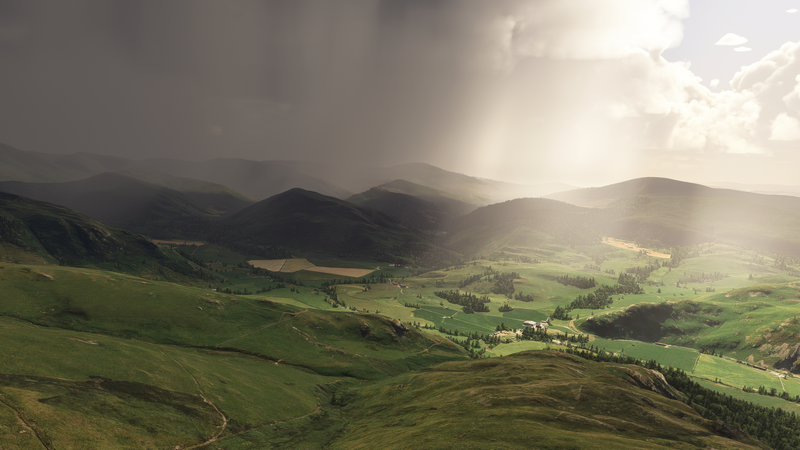 Microsoft Flight Simulator landscape with mountains and sunlight