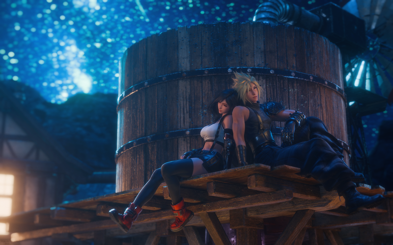 Tifa Lockhart and Cloud Strife sitting on a wooden platform at night
