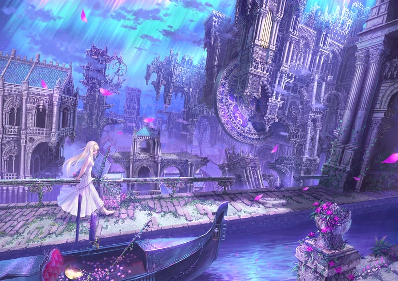 Boat with a girl in a fantasy city