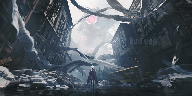 Creature with pink eyes looms over a city street