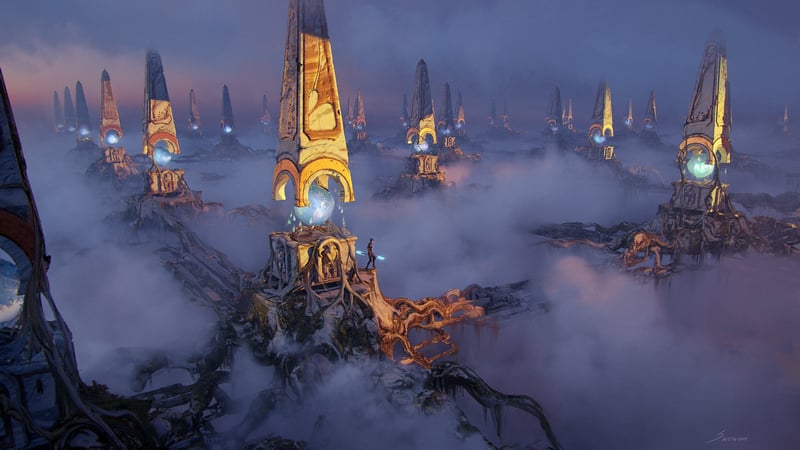 Fantasy landscape with glowing structures in mist