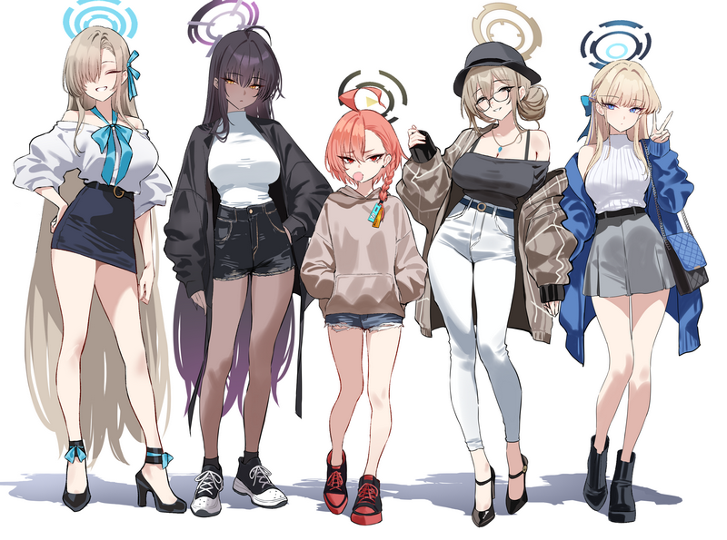 Blue Archive characters: Asuna Ichinose, Asuma Toki, Murokasa Akane, Kakudate Karin, Mikamo Neru