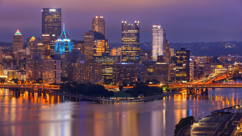 Pittsburgh skyline at dusk over the river