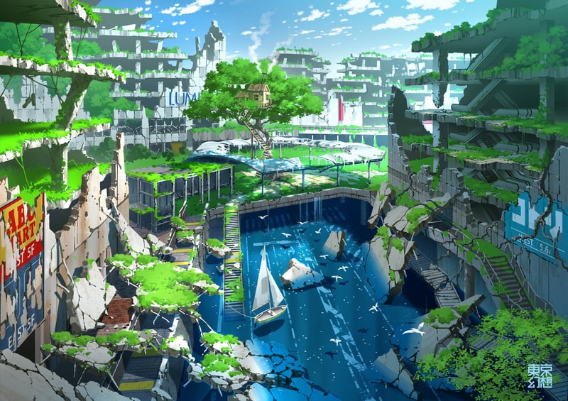 Boats sail in a flooded, overgrown ruined city