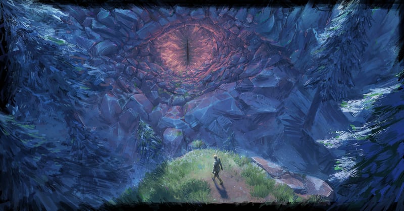 Creatures eye in a rocky cave with a person below