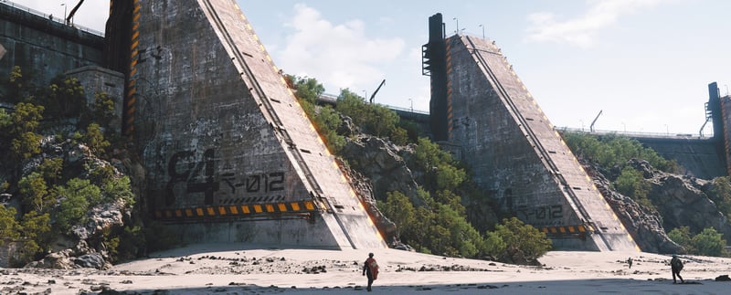 Person walks between two massive concrete structures with vegetation