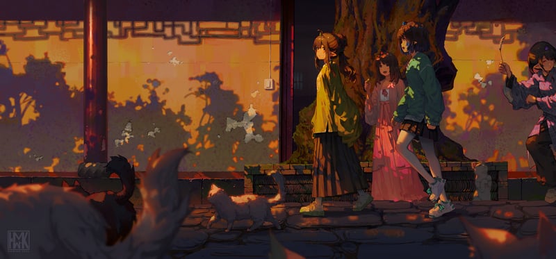 Anime girls walking in sunlight with cats