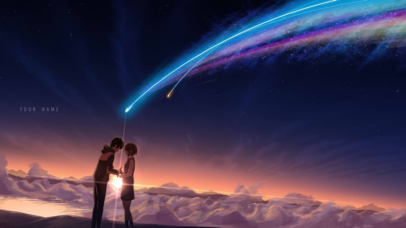 Kimi no Na Wa: Mitsuha Miyamizu and Tachibana Taki under shooting stars
