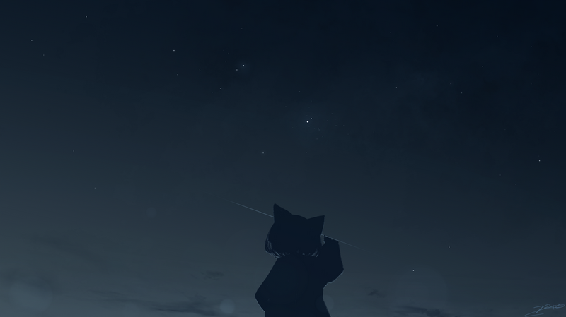 Silhouette of a character with fox ears pointing at the night sky