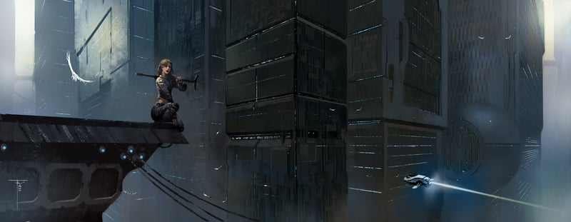 Woman with rifle in futuristic city