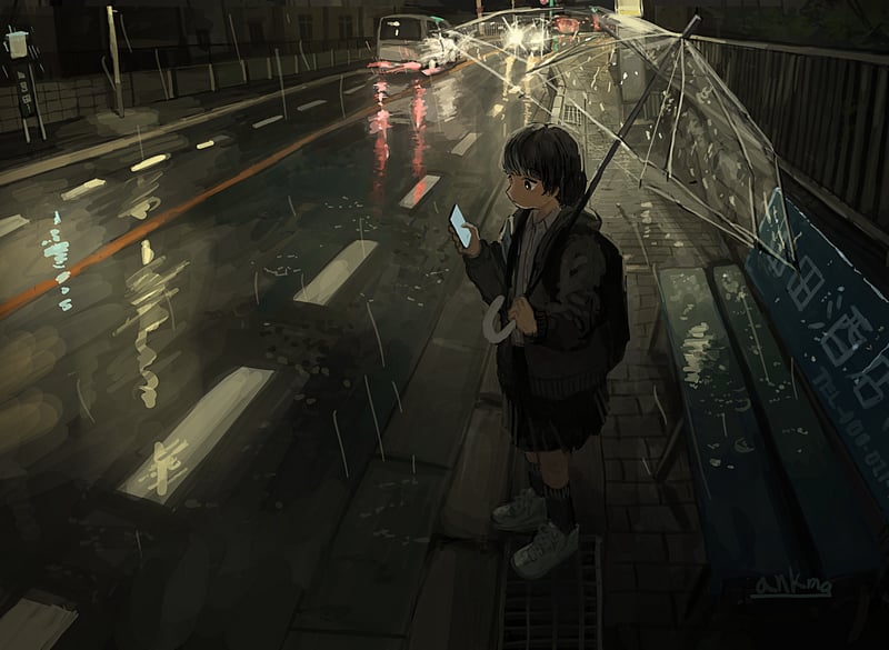 Anime girl with umbrella checking phone on rainy street