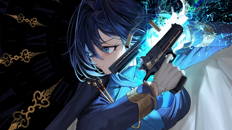 Ouro Kronii with a glowing blue gun