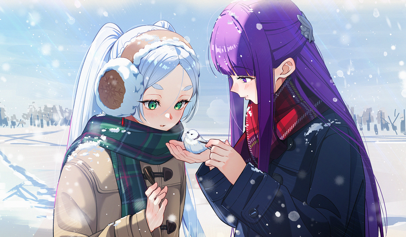 Frieren and companion with a bird in the snow