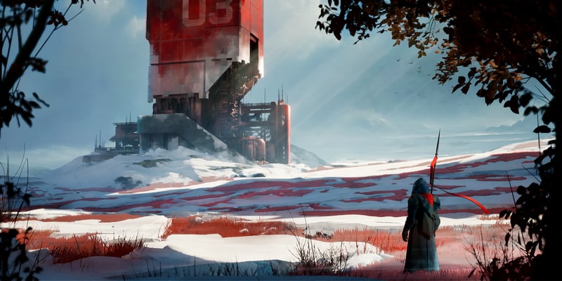 Lone figure with spear in snowy landscape near structure