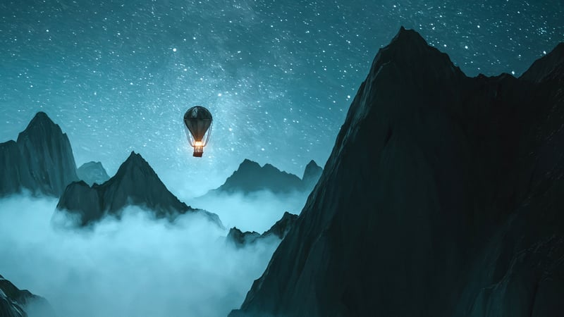 Hot Air Balloon Over Misty Mountains Under Starry Night Sky