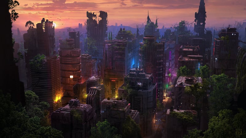 Post-apocalyptic overgrown cityscape at sunset