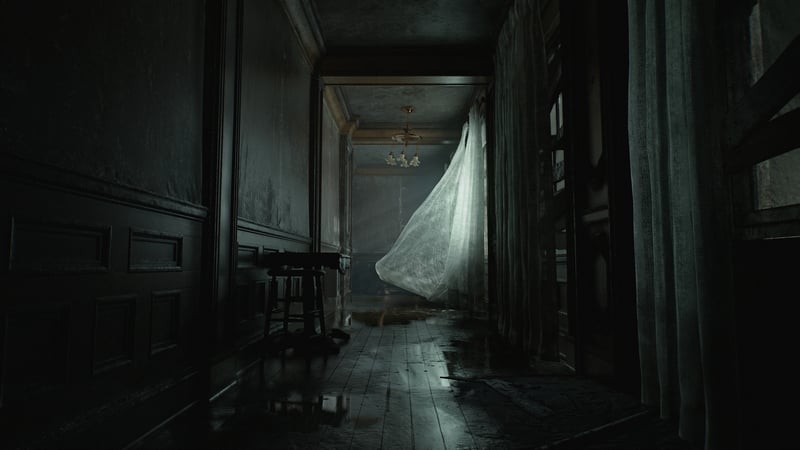 Resident Evil Requiem hallway with flowing curtains