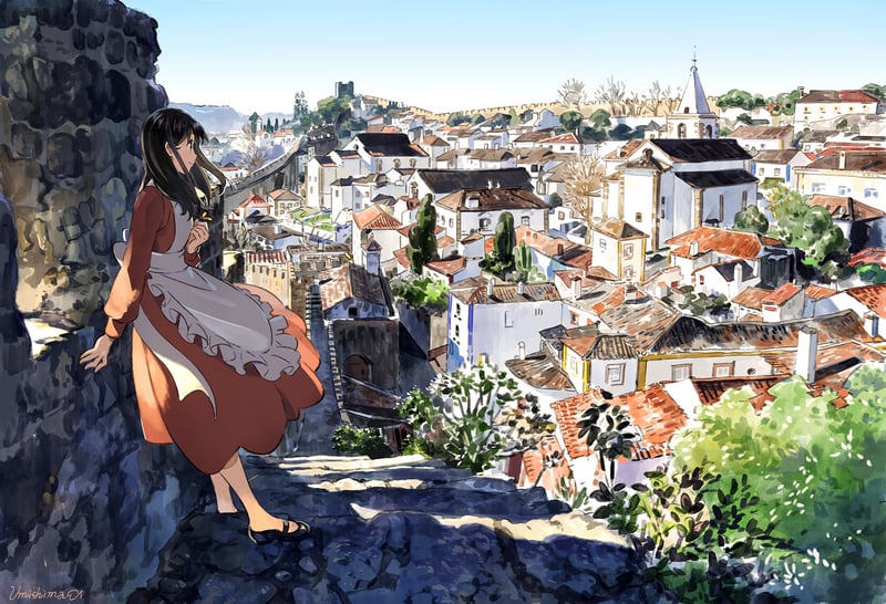 Anime girl on a stone wall overlooking a town